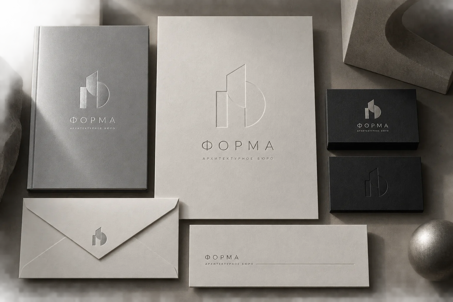 Концепция айдентики вымышленного архитектурного бюро «Форма» на карточках и бумаге